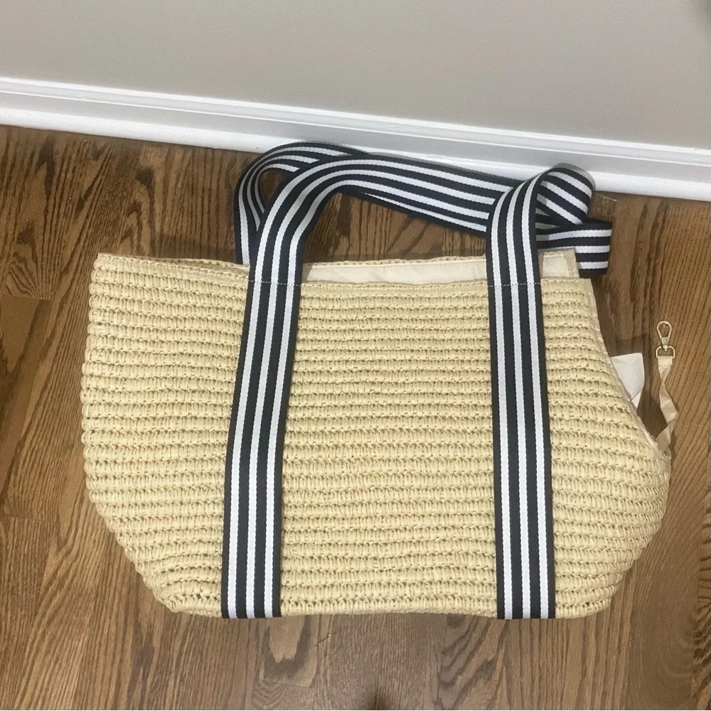 STRIPED TWILL STRAW PET TOTE ☀️🌴🏖️